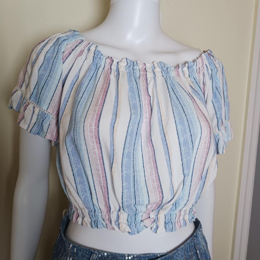 Striped Off-Shoulder Crop Top in Blue, White & Pink